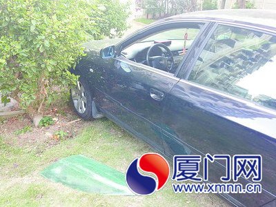 停在草坪上的车，整块玻璃被砸落下来