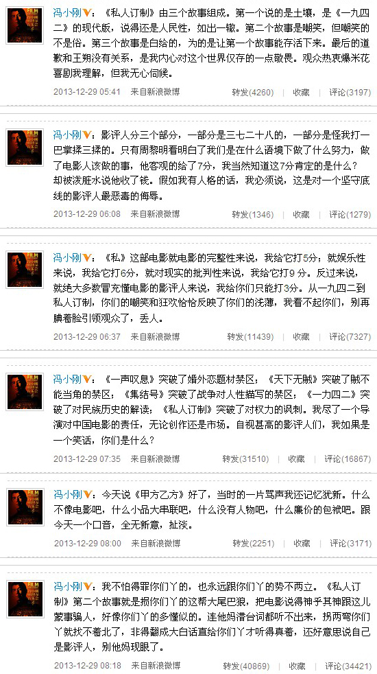 冯小刚微博讽刺影评人浅薄:别装大尾巴狼蒙事