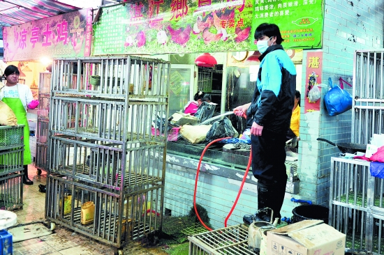 销售家禽的工作人员对场内商铺及相关设施进行全面清