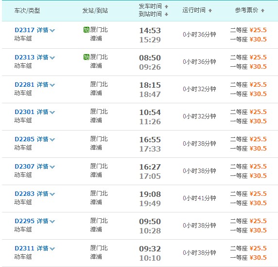 厦门北站到漳浦站动车时刻表