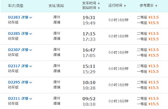 漳州到漳浦动车时刻表