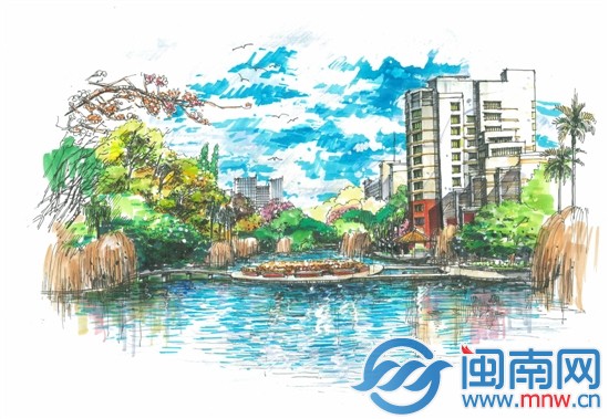 祖杭楼,嘉庚纪念堂,华文学院……描线勾勒,钢笔细细绘图,再用马克笔涂