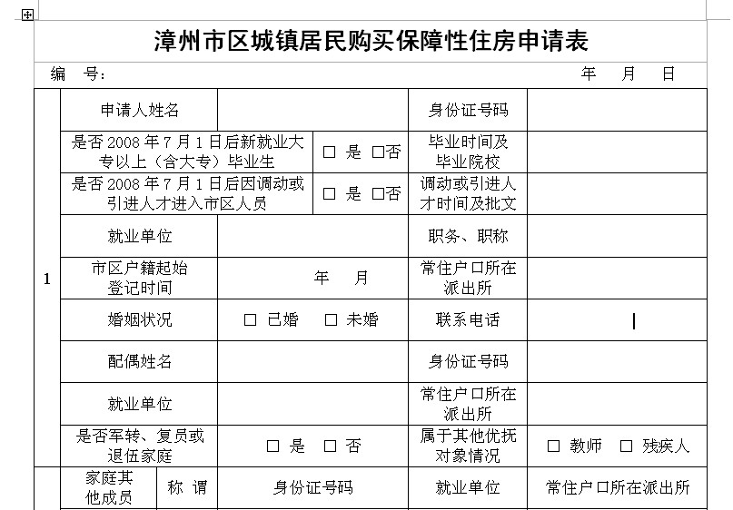 漳州市区城镇居民购买保障性住房申请表格(下