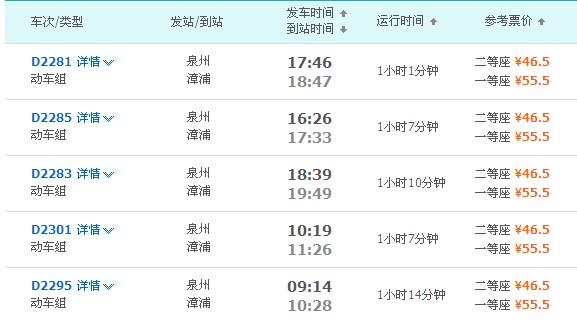 泉州站到漳浦站动车时刻表