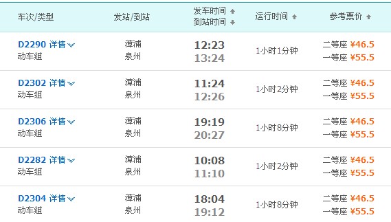 漳浦站到泉州站动车时刻表