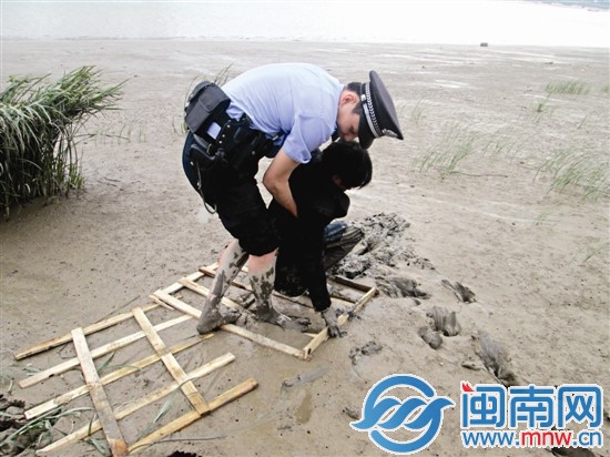 民警将木板铺在泥潭上,慢慢靠近苏某后将他拉出