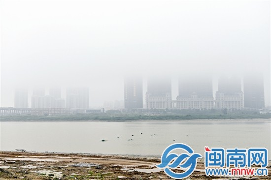 泉州市区江滨北路的建筑群被雾气遮挡