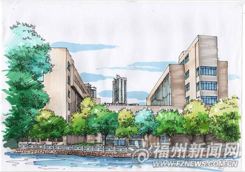李同学的手绘明信片取景于福州大学至诚学院的常见景点