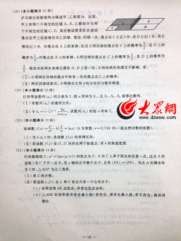 2014年山东高考理工类数学试题及参考答案4