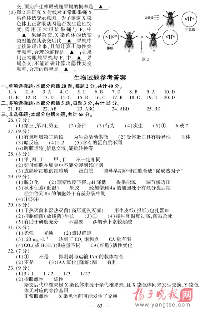 2014年江苏高考生物试题及参考答案7