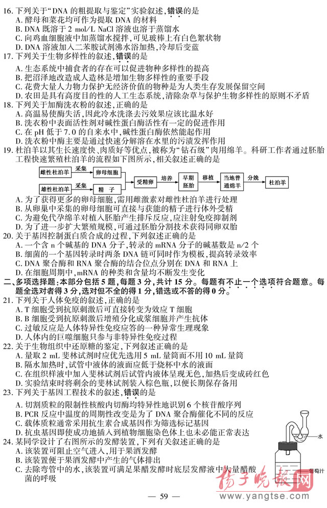 2014年江苏高考生物试题及参考答案3