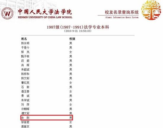 在人大法学院官方网站公开的校友名录中，余刚的名字